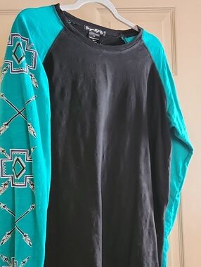 Cowgirl Tuff Black Tee with Teal Aztec Sleeve Detail